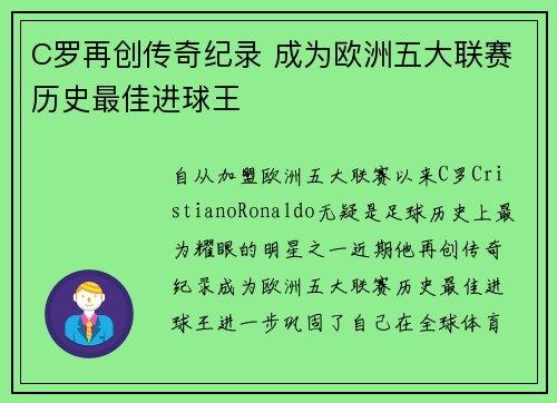 C罗再创传奇纪录 成为欧洲五大联赛历史最佳进球王