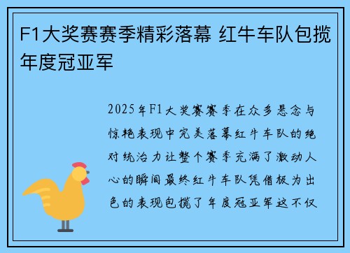 F1大奖赛赛季精彩落幕 红牛车队包揽年度冠亚军